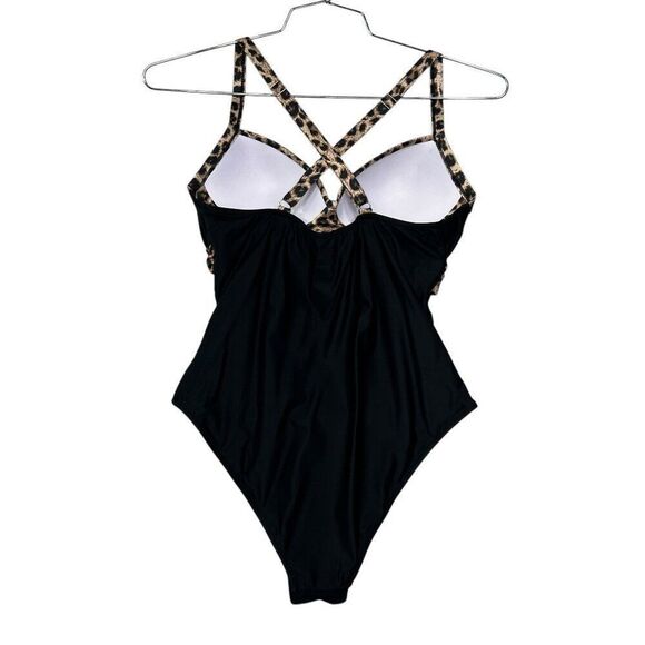 Women's Size Medium Black & Leopard Print One Piece Swimsuit - Picture 4 of 8
